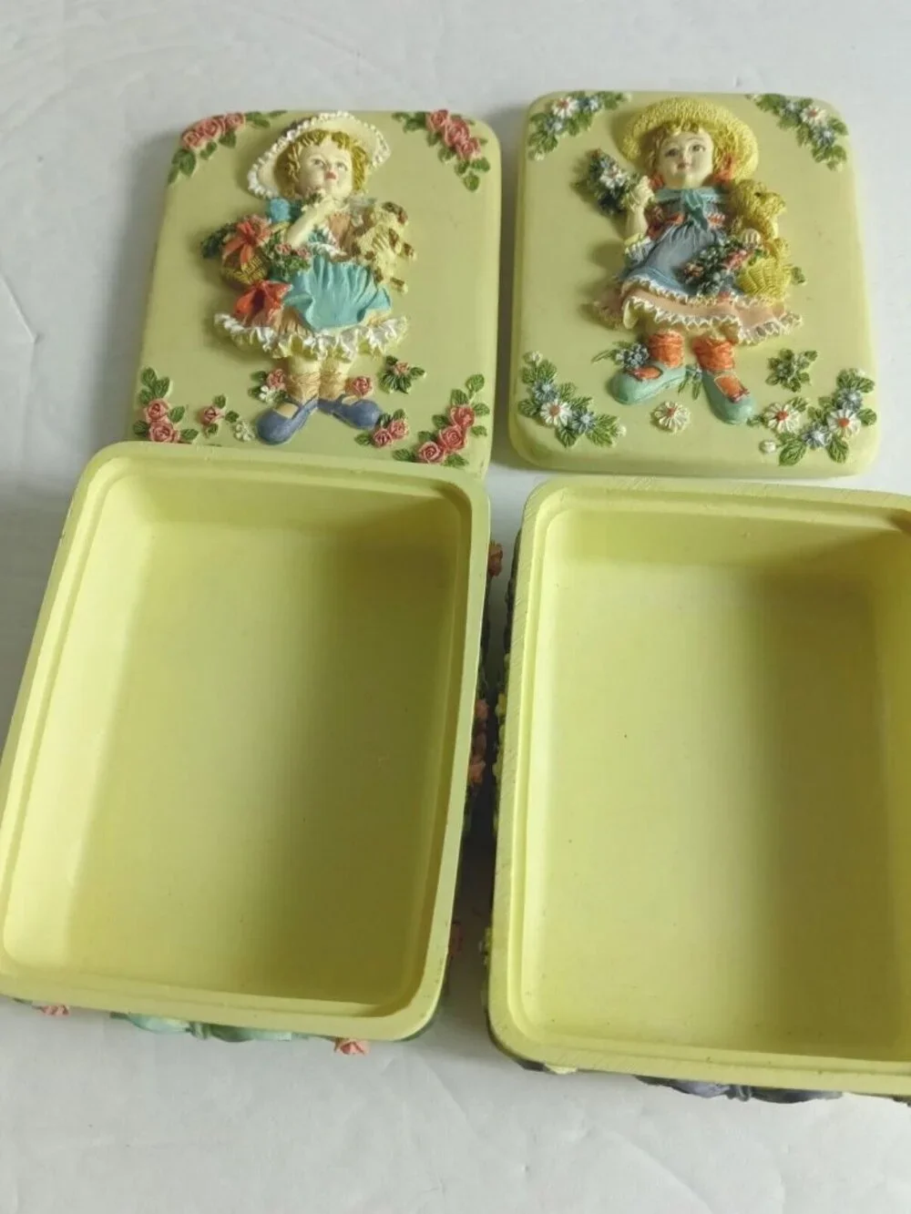 Pair of Vintage Yellow Rectangular Trinket Boxes with Raised Girl & Floral Desig